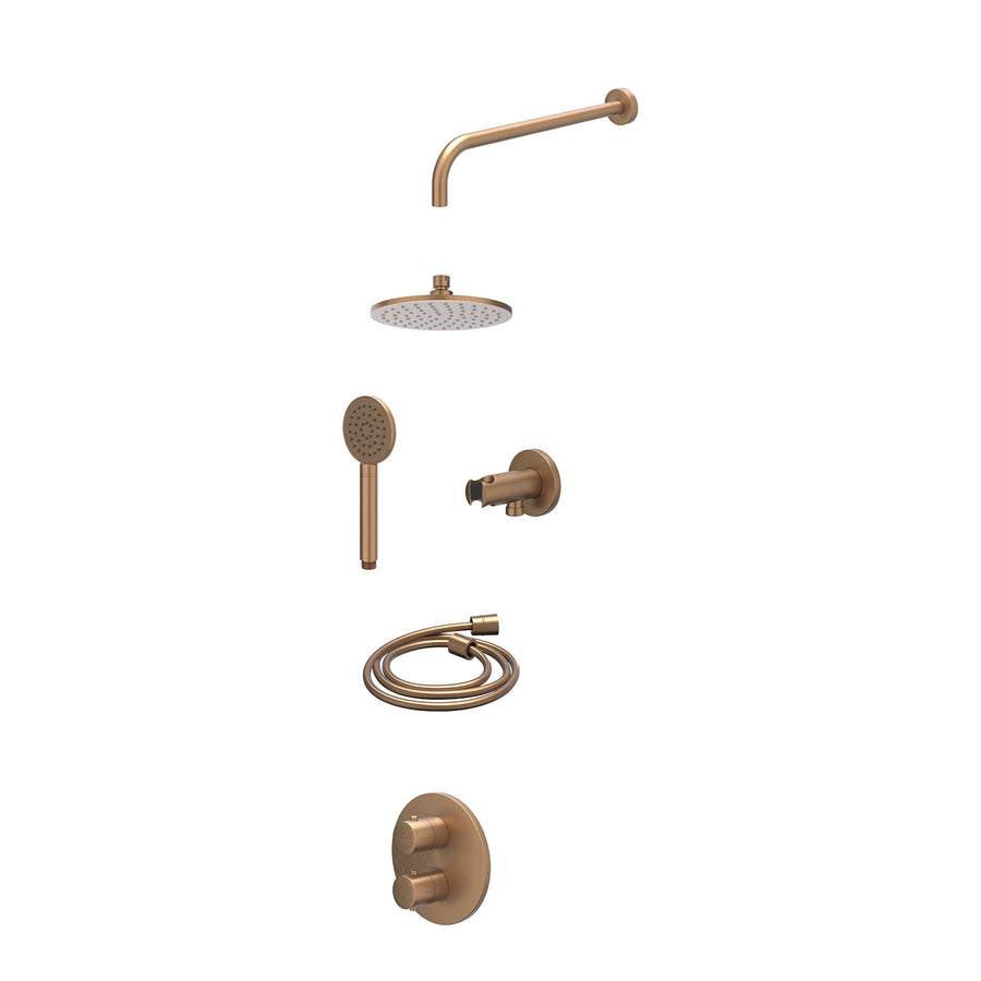 IVY Excl. inbouwbox regendoucheset inbouwthermostaatkraan met 2-weg stop-omstel, wandarm, R20cmME, houder met uitlaat, doucheslang 150cm en satin spray handdouche – Gebr. mat koper