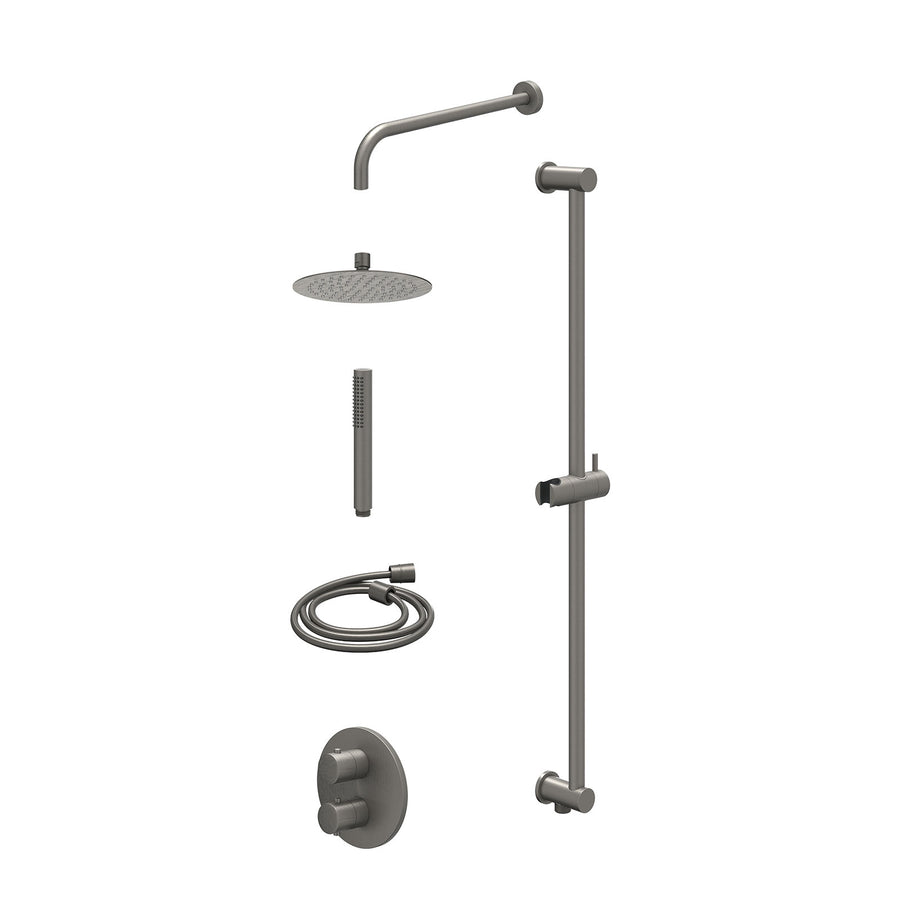 IVY Excl. inbouwbox regendoucheset inbouwthermostaatkraan met 2-weg stop-omstel, wandarm, R20cmSL, glijstang met uitlaat, doucheslang 150cm en staafmodel – Gebr. metal black PVD