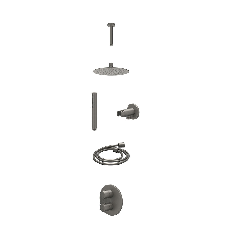 IVY Excl. inbouwbox regendoucheset inbouwthermostaatkraan met 2-weg stop-omstel, plafondbuis 15cm, R20cmSL, houder met uitlaat, doucheslang 150cm en staafmodel – Gebr. metal black 