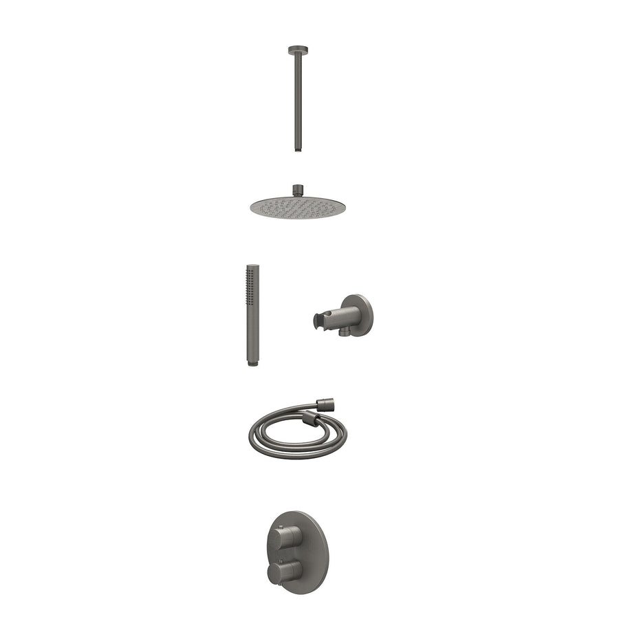 IVY Excl. inbouwbox regendoucheset inbouwthermostaatkraan met 2-weg stop-omstel, plafondbuis 30cm, R20cmSL, houder met uitlaat, doucheslang 150cm en staafmodel – Gebr. metal black 
