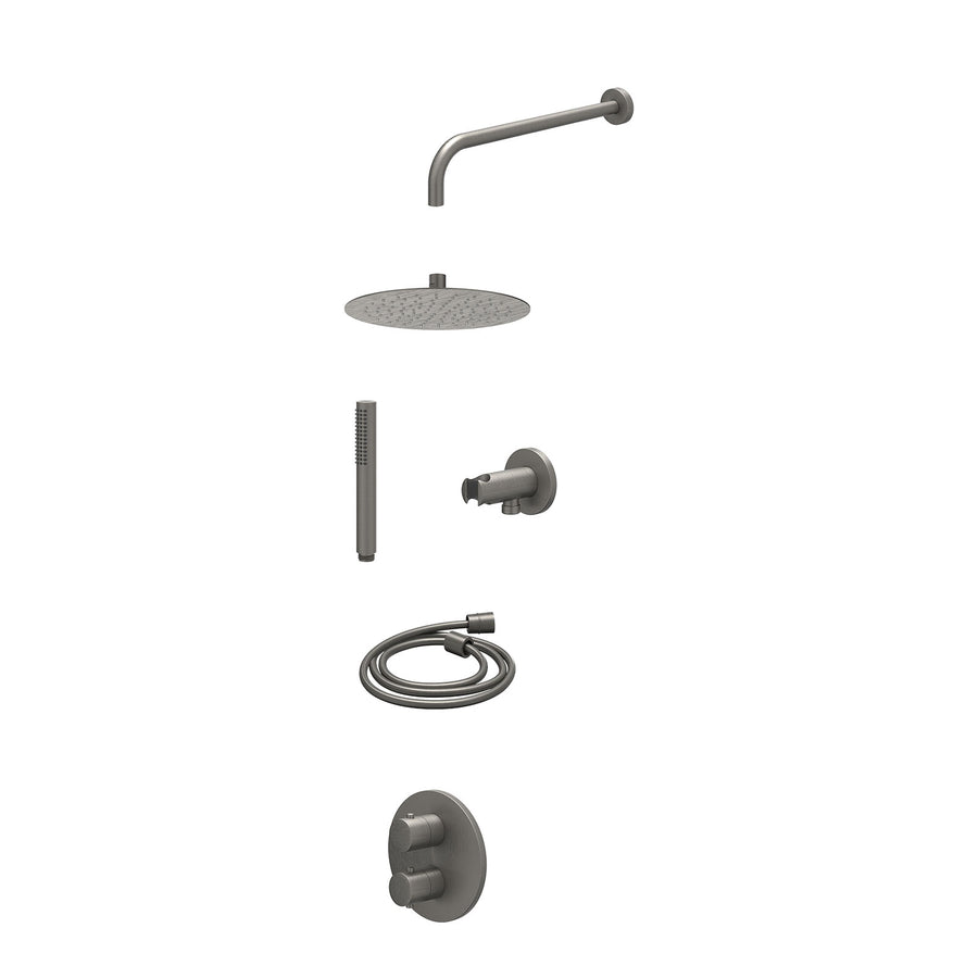 IVY Excl. inbouwbox regendoucheset inbouwthermostaatkraan met 2-weg stop-omstel, wandarm, R25cmSL, houder met uitlaat, doucheslang 150cm en staafmodel – Gebr. metal black PVD