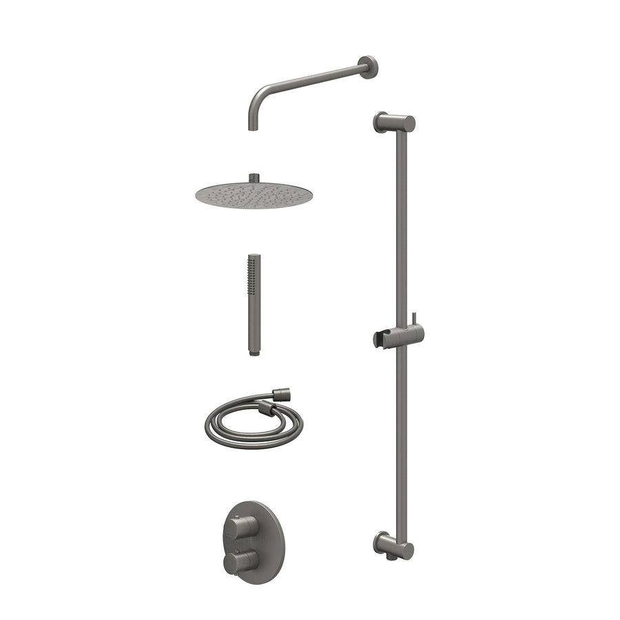 IVY Excl. inbouwbox regendoucheset inbouwthermostaatkraan met 2-weg stop-omstel, wandarm, R25cmSL, glijstang met uitlaat, doucheslang 150cm en staafmodel – Gebr. metal black PVD