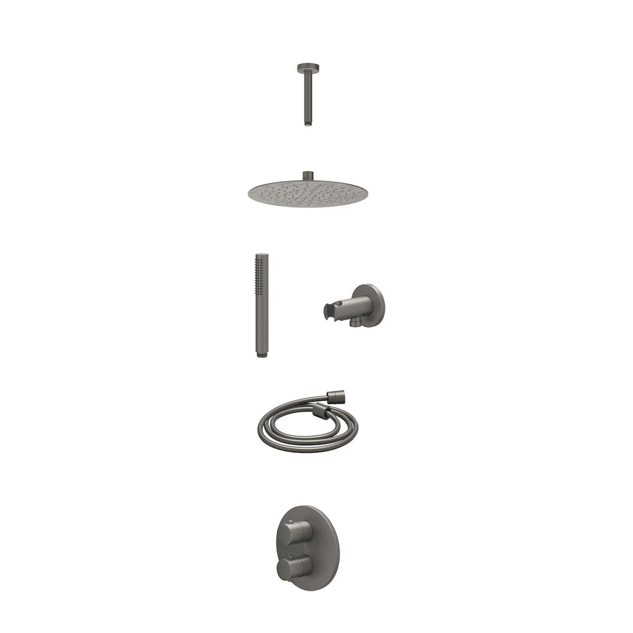 IVY Excl. inbouwbox regendoucheset inbouwthermostaatkraan met 2-weg stop-omstel, plafondbuis 15cm, R25cmSL, houder met uitlaat, doucheslang 150cm en staafmodel – Gebr. metal black 
