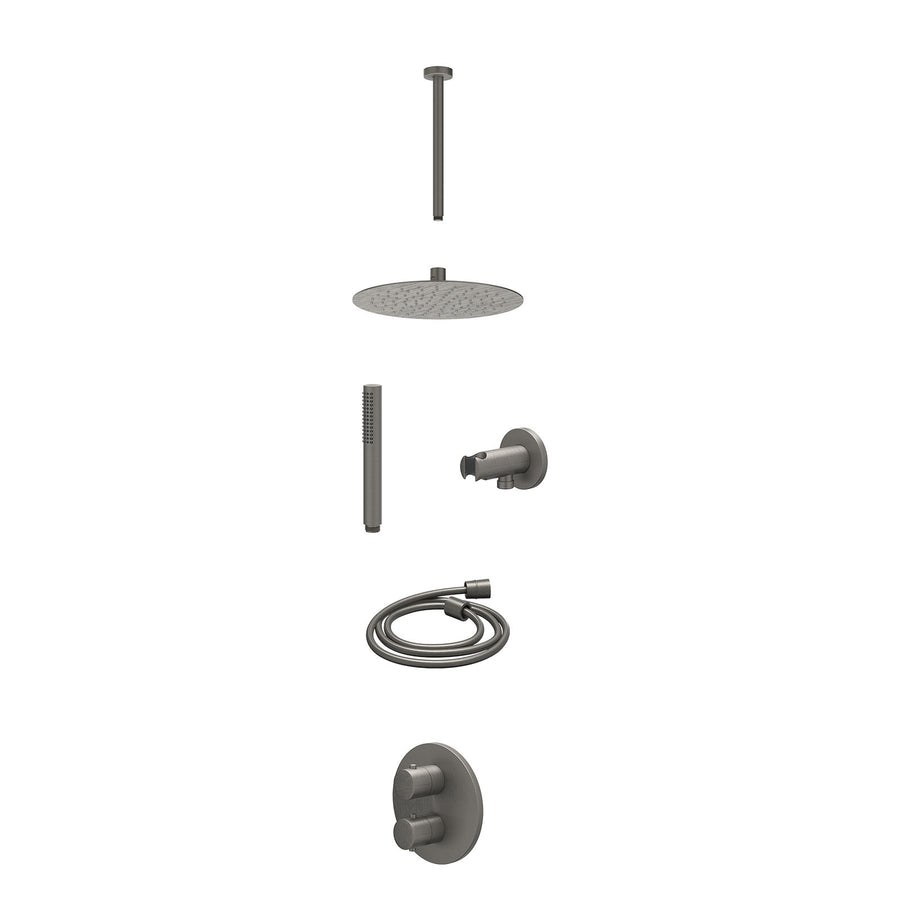IVY Excl. inbouwbox regendoucheset inbouwthermostaatkraan met 2-weg stop-omstel, plafondbuis 30cm, R25cmSL, houder met uitlaat, doucheslang 150cm en staafmodel – Gebr. metal black 