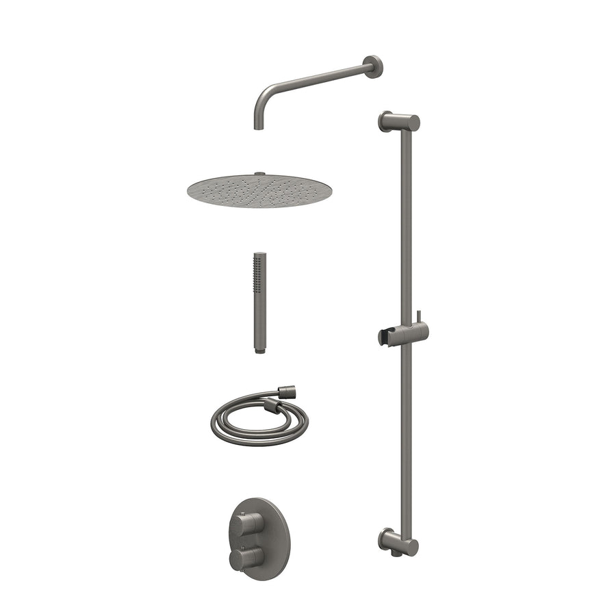 IVY Excl. inbouwbox regendoucheset inbouwthermostaatkraan met 2-weg stop-omstel, wandarm, R30cmSL, glijstang met uitlaat, doucheslang 150cm en staafmodel – Gebr. metal black PVD