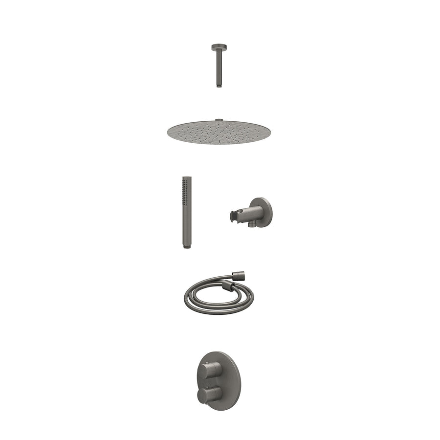 IVY Excl. inbouwbox regendoucheset inbouwthermostaatkraan met 2-weg stop-omstel, plafondbuis 15cm, R30cmSL, houder met uitlaat, doucheslang 150cm en staafmodel – Gebr. metal black 