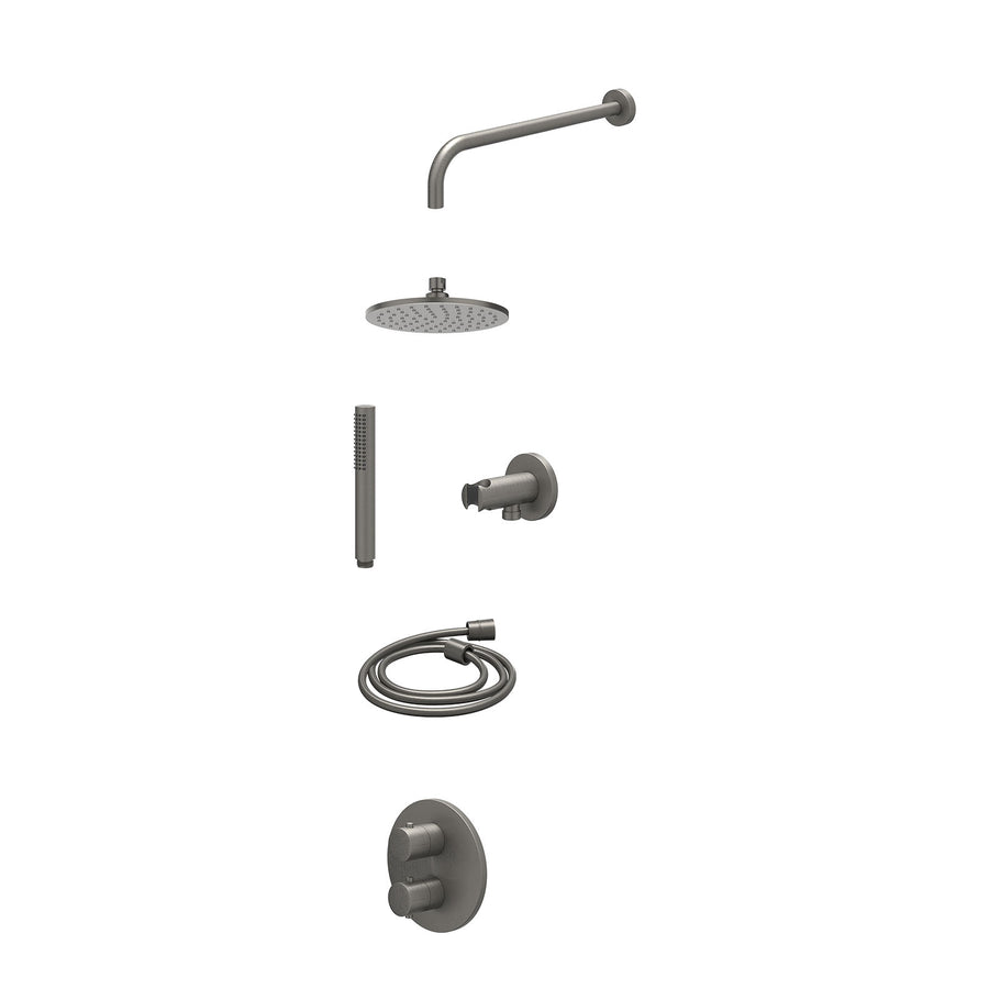 IVY Excl. inbouwbox regendoucheset inbouwthermostaatkraan met 2-weg stop-omstel, wandarm, R20cmME, houder met uitlaat, doucheslang 150cm en staafmodel – Gebr. metal black PVD