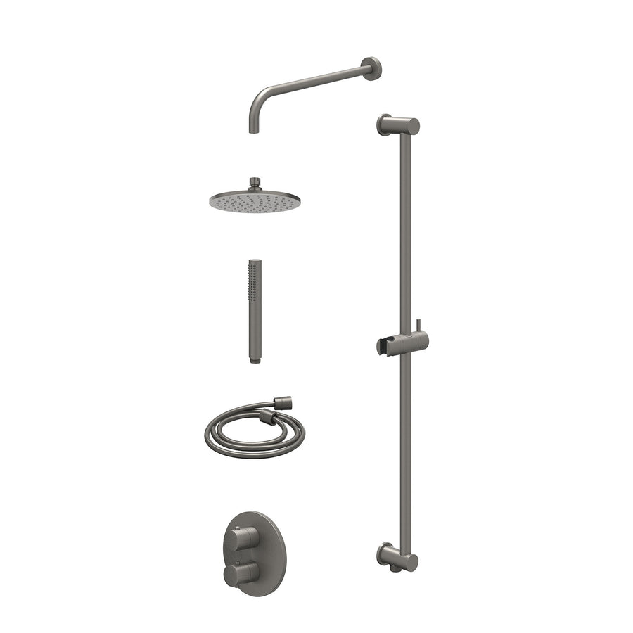 IVY Excl. inbouwbox regendoucheset inbouwthermostaatkraan met 2-weg stop-omstel, wandarm, R20cmME, glijstang met uitlaat, doucheslang 150cm en staafmodel – Gebr. metal black PVD