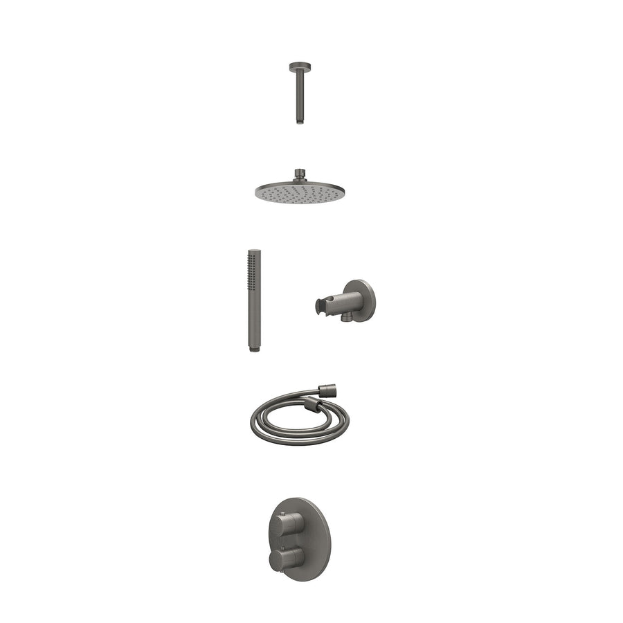 IVY Excl. inbouwbox regendoucheset inbouwthermostaatkraan met 2-weg stop-omstel, plafondbuis 15cm, R20cmME, houder met uitlaat, doucheslang 150cm en staafmodel – Gebr. metal black 