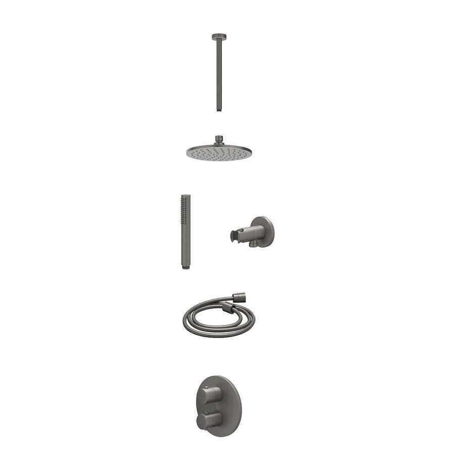 IVY Excl. inbouwbox regendoucheset inbouwthermostaatkraan met 2-weg stop-omstel, plafondbuis 30cm, R20cmME, houder met uitlaat, doucheslang 150cm en staafmodel – Gebr. metal black 