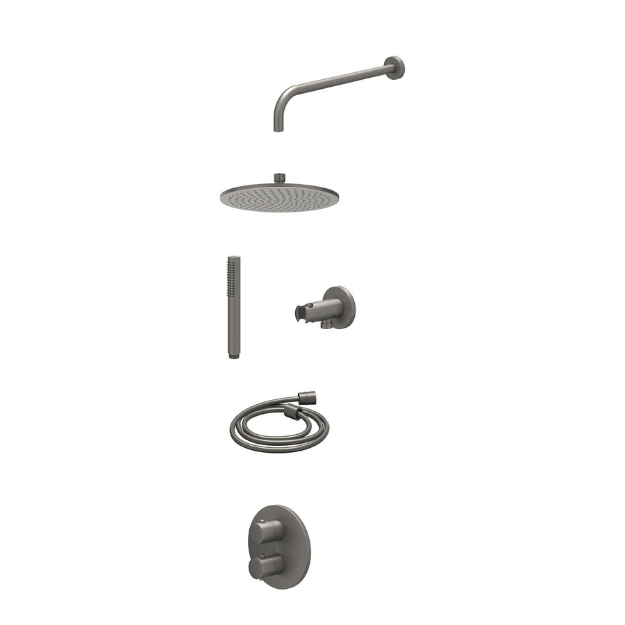 IVY Excl. inbouwbox regendoucheset inbouwthermostaatkraan met 2-weg stop-omstel, wandarm, R25cmME, houder met uitlaat, doucheslang 150cm en staafmodel – Gebr. metal black PVD