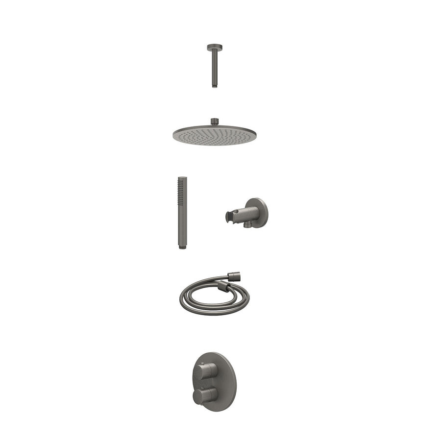 IVY Excl. inbouwbox regendoucheset inbouwthermostaatkraan met 2-weg stop-omstel, plafondbuis 15cm, R25cmME, houder met uitlaat, doucheslang 150cm en staafmodel – Gebr. metal black 