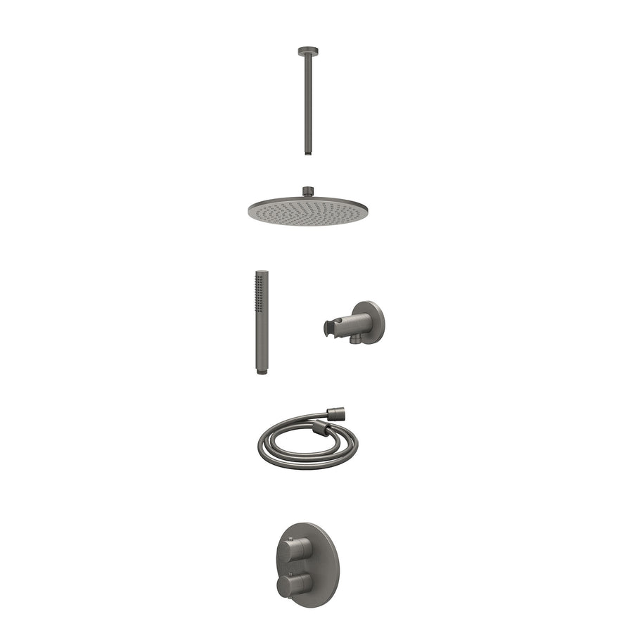 IVY Excl. inbouwbox regendoucheset inbouwthermostaatkraan met 2-weg stop-omstel, plafondbuis 30cm, R25cmME, houder met uitlaat, doucheslang 150cm en staafmodel – Gebr. metal black 