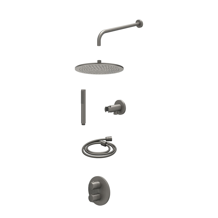IVY Excl. inbouwbox regendoucheset inbouwthermostaatkraan met 2-weg stop-omstel, wandarm, R30cmME, houder met uitlaat, doucheslang 150cm en staafmodel – Gebr. metal black PVD