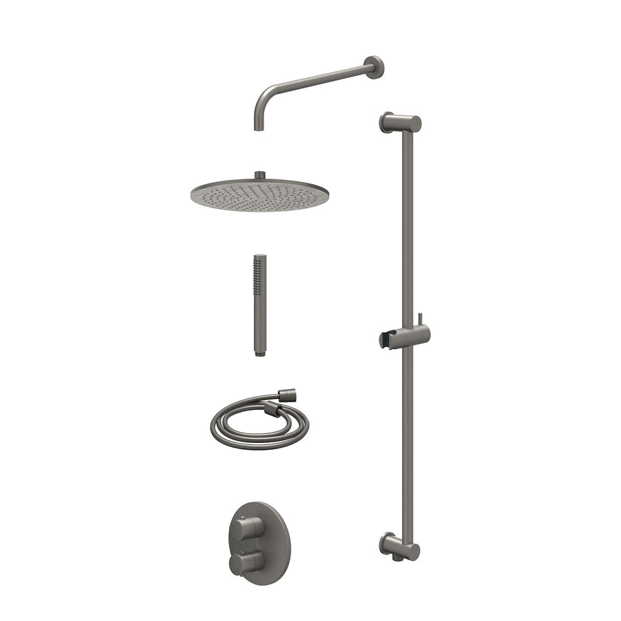 IVY Excl. inbouwbox regendoucheset inbouwthermostaatkraan met 2-weg stop-omstel, wandarm, R30cmME, glijstang met uitlaat, doucheslang 150cm en staafmodel – Gebr. metal black PVD
