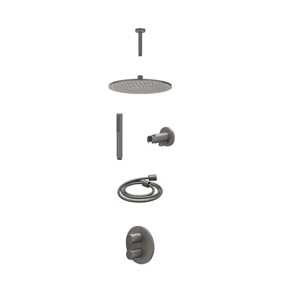 IVY Excl. inbouwbox regendoucheset inbouwthermostaatkraan met 2-weg stop-omstel, plafondbuis 15cm, R30cmME, houder met uitlaat, doucheslang 150cm en staafmodel – Gebr. metal black 