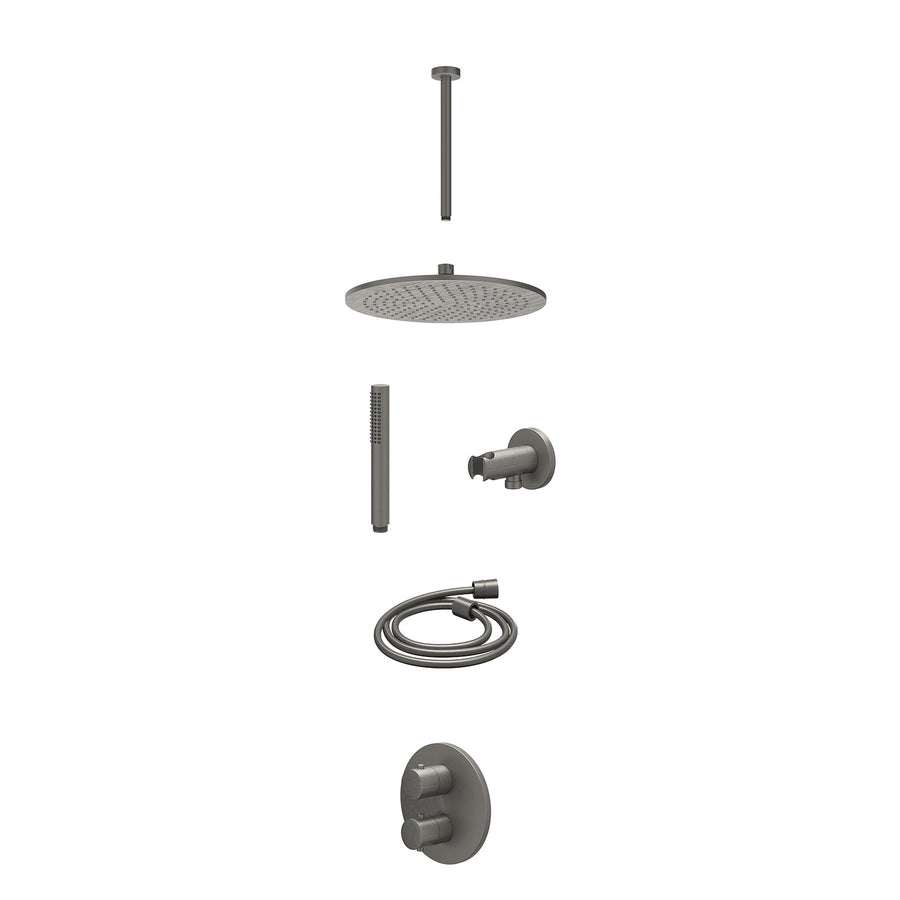 IVY Excl. inbouwbox regendoucheset inbouwthermostaatkraan met 2-weg stop-omstel, plafondbuis 30cm, R30cmME, houder met uitlaat, doucheslang 150cm en staafmodel – Gebr. metal black 