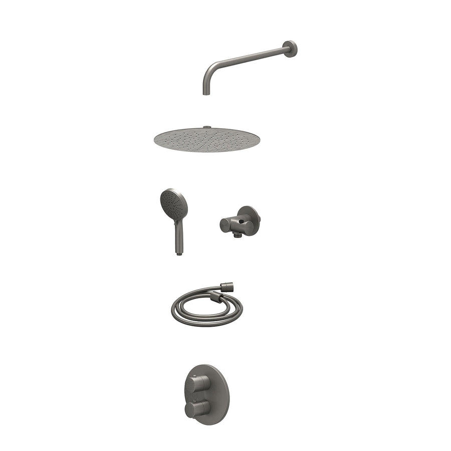 IVY Excl. inbouwbox regendoucheset inbouwthermostaatkraan met 2-weg stop-omstel, wandarm, R30cmSL, verstelbare steun met geïnt. uitlaat, doucheslang 150cm en 3-standen handdouche –