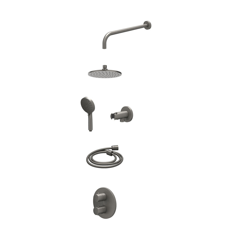 IVY Excl. inbouwbox regendoucheset inbouwthermostaatkraan met 2-weg stop-omstel, wandarm, R20cmME, houder met uitlaat, doucheslang 150cm en 3-standen handdouche – Gebr. metal black