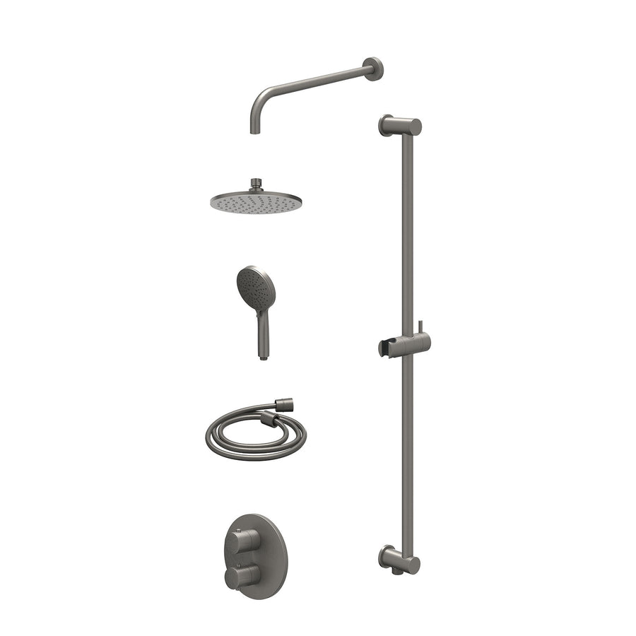 IVY Excl. inbouwbox regendoucheset inbouwthermostaatkraan met 2-weg stop-omstel, wandarm, R20cmME, glijstang met uitlaat, doucheslang 150cm en 3-standen handdouche – Gebr. metal bl