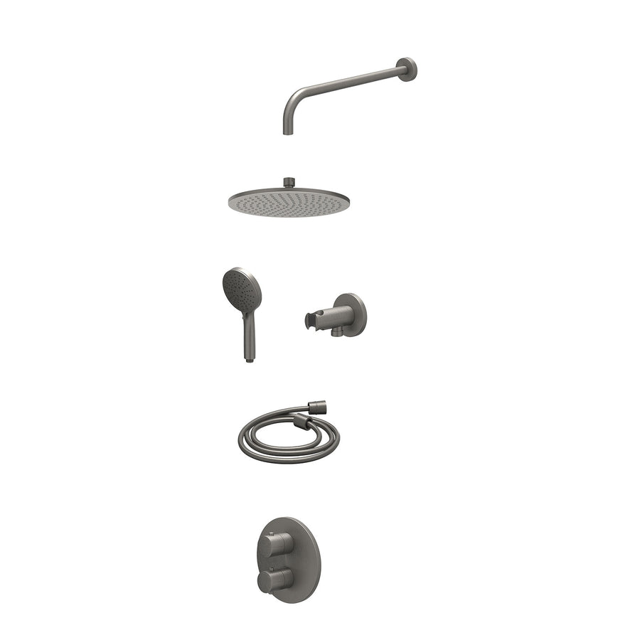 IVY Excl. inbouwbox regendoucheset inbouwthermostaatkraan met 2-weg stop-omstel, wandarm, R25cmME, houder met uitlaat, doucheslang 150cm en 3-standen handdouche – Gebr. metal black