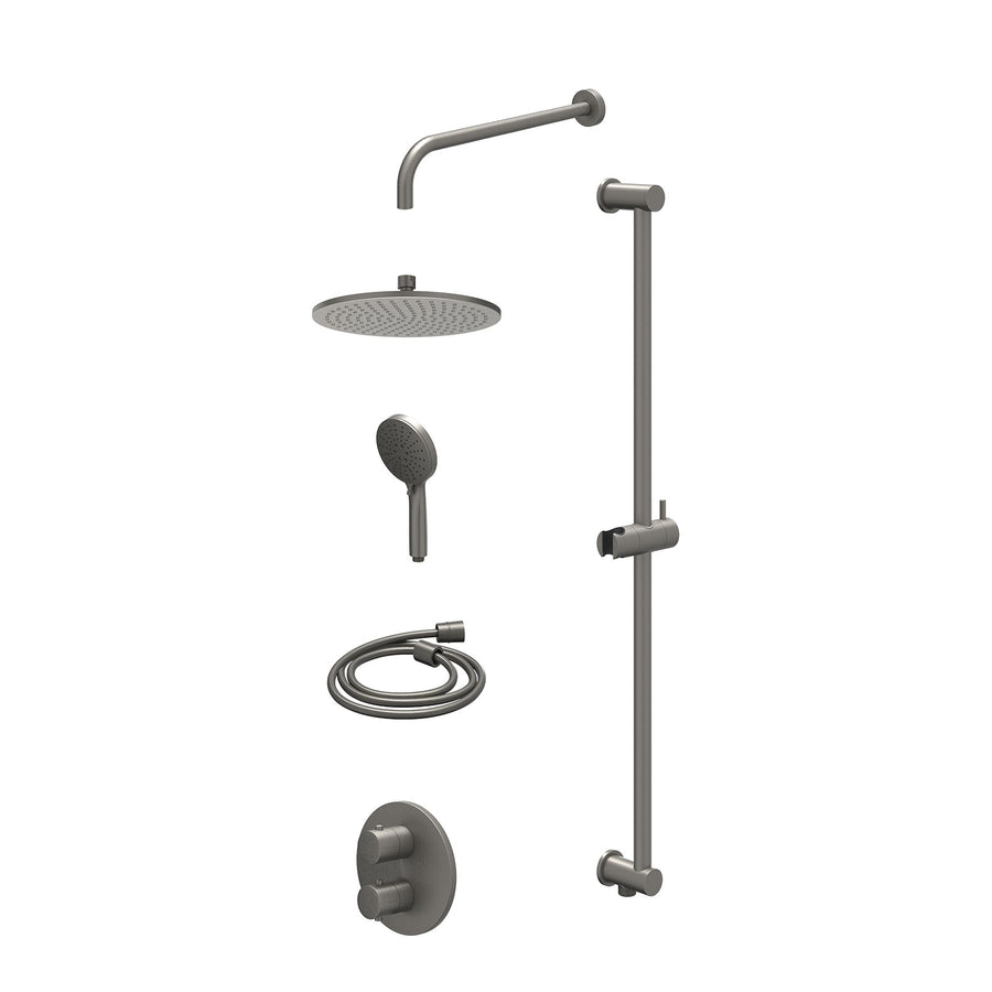 IVY Excl. inbouwbox regendoucheset inbouwthermostaatkraan met 2-weg stop-omstel, wandarm, R25cmME, glijstang met uitlaat, doucheslang 150cm en 3-standen handdouche – Gebr. metal bl