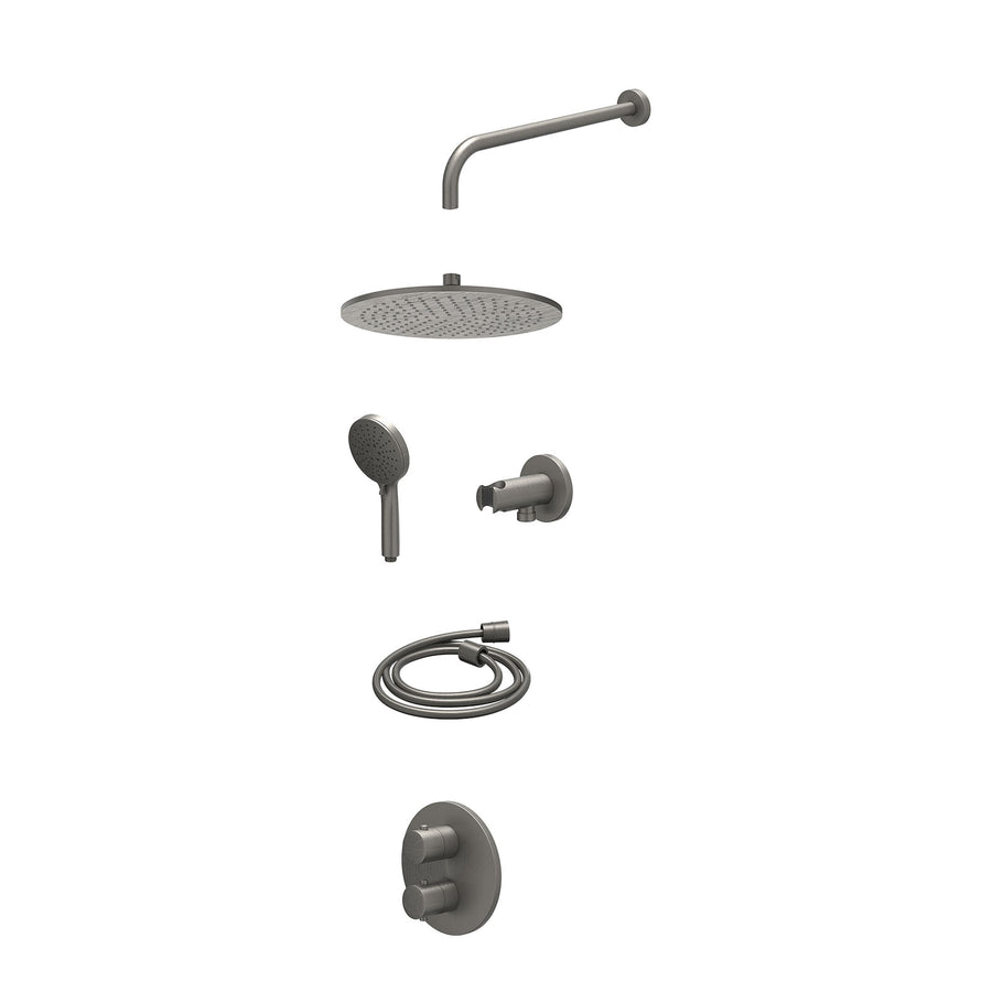 IVY Excl. inbouwbox regendoucheset inbouwthermostaatkraan met 2-weg stop-omstel, wandarm, R30cmME, houder met uitlaat, doucheslang 150cm en 3-standen handdouche – Gebr. metal black