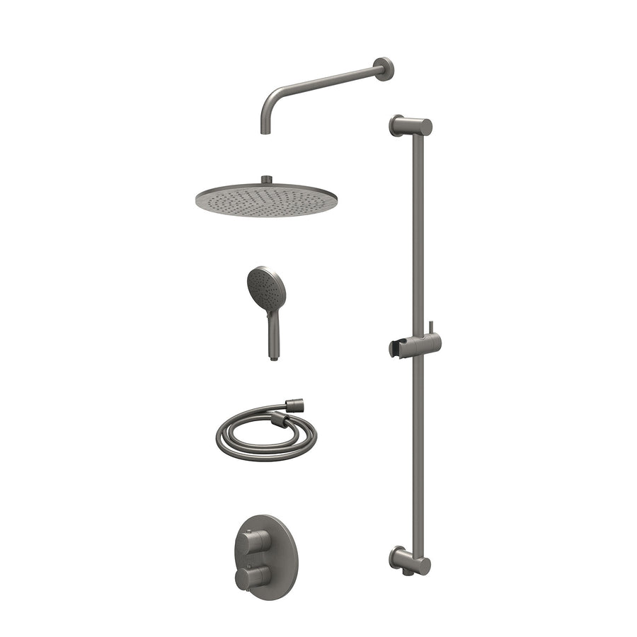 IVY Excl. inbouwbox regendoucheset inbouwthermostaatkraan met 2-weg stop-omstel, wandarm, R30cmME, glijstang met uitlaat, doucheslang 150cm en 3-standen handdouche – Gebr. metal bl