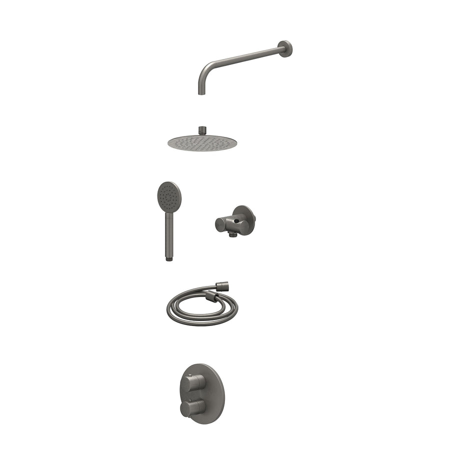 IVY Excl. inbouwbox regendoucheset inbouwthermostaatkraan met 2-weg stop-omstel, wandarm, R20cmSL, verstelbare steun met geïnt. uitlaat, doucheslang 150cm en satin spray handdouche