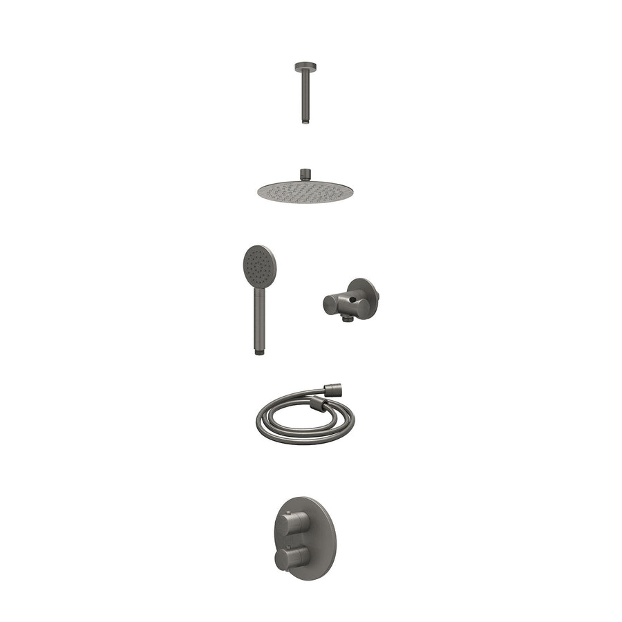 IVY Excl. inbouwbox regendoucheset inbouwthermostaatkraan met 2-weg stop-omstel, plafondbuis 15cm, R20cmSL, verstelbare steun met geïnt. uitlaat, doucheslang 150cm en satin spray h