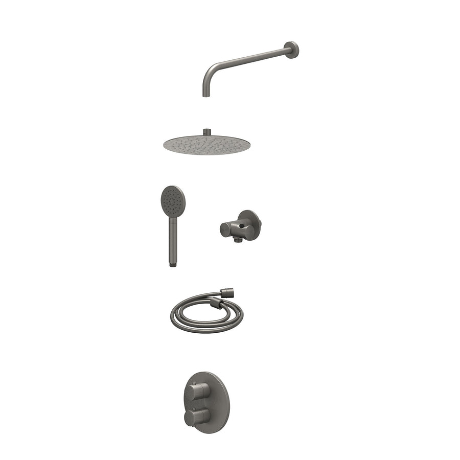 IVY Excl. inbouwbox regendoucheset inbouwthermostaatkraan met 2-weg stop-omstel, wandarm, R25cmSL, verstelbare steun met geïnt. uitlaat, doucheslang 150cm en satin spray handdouche