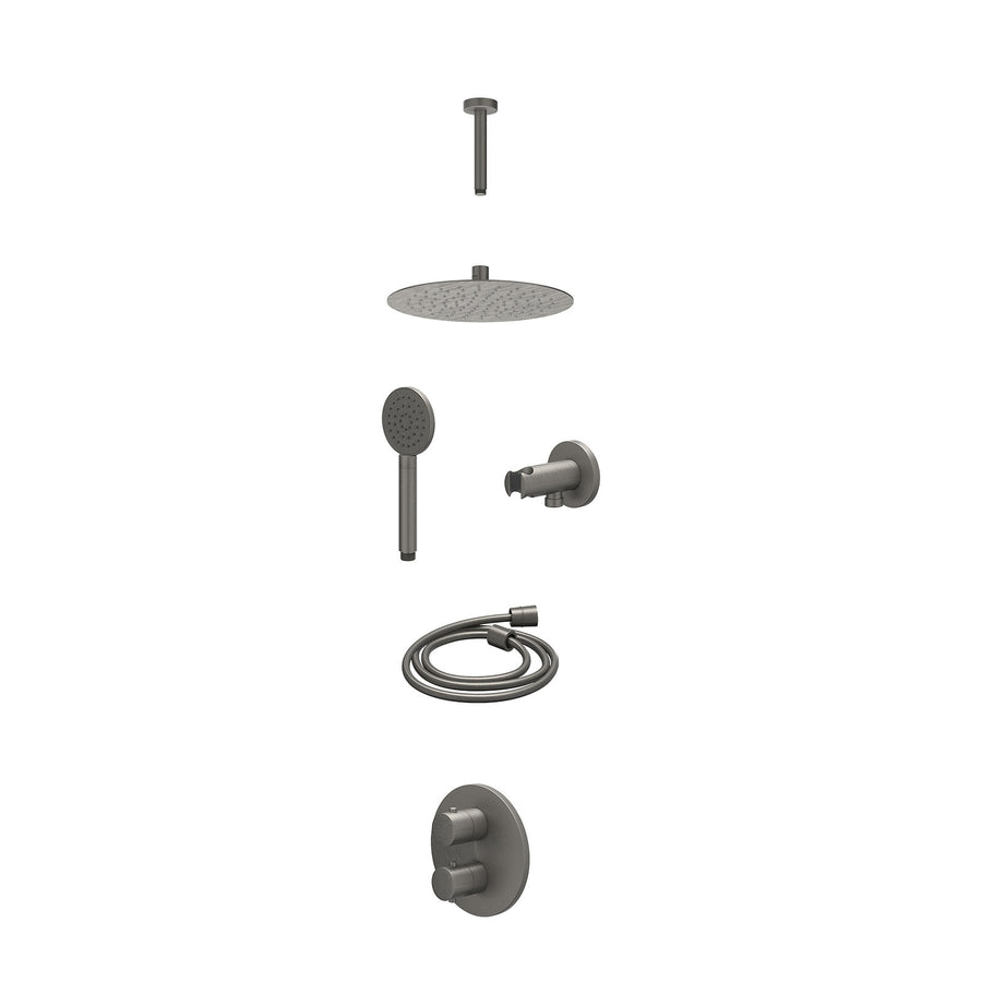 IVY Excl. inbouwbox regendoucheset inbouwthermostaatkraan met 2-weg stop-omstel, plafondbuis 15cm, R25cmSL, houder met uitlaat, doucheslang 150cm en satin spray handdouche – Gebr. 