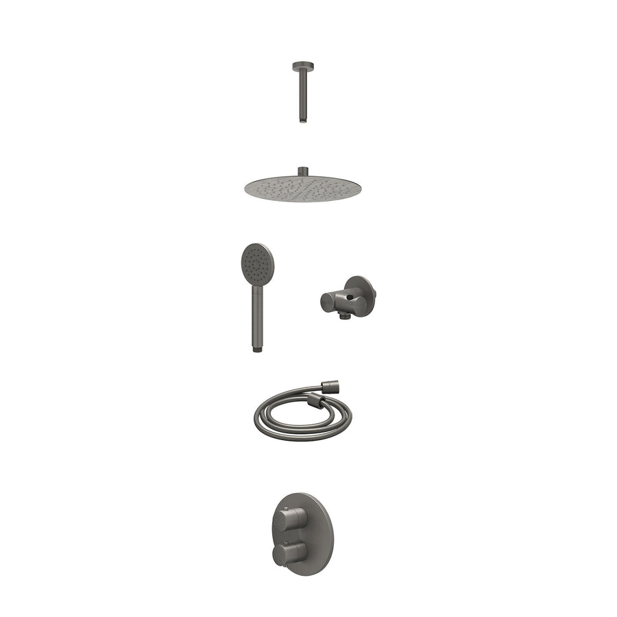 IVY Excl. inbouwbox regendoucheset inbouwthermostaatkraan met 2-weg stop-omstel, plafondbuis 15cm, R25cmSL, verstelbare steun met geïnt. uitlaat, doucheslang 150cm en satin spray h