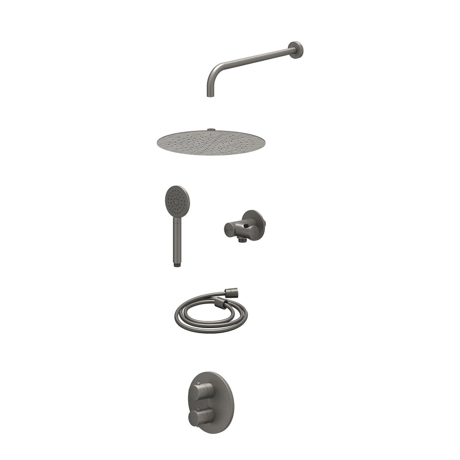 IVY Excl. inbouwbox regendoucheset inbouwthermostaatkraan met 2-weg stop-omstel, wandarm, R30cmSL, verstelbare steun met geïnt. uitlaat, doucheslang 150cm en satin spray handdouche