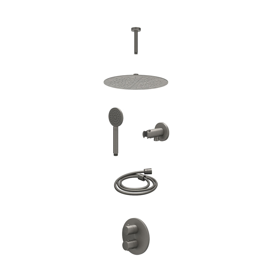 IVY Excl. inbouwbox regendoucheset inbouwthermostaatkraan met 2-weg stop-omstel, plafondbuis 15cm, R30cmSL, houder met uitlaat, doucheslang 150cm en satin spray handdouche – Gebr. 