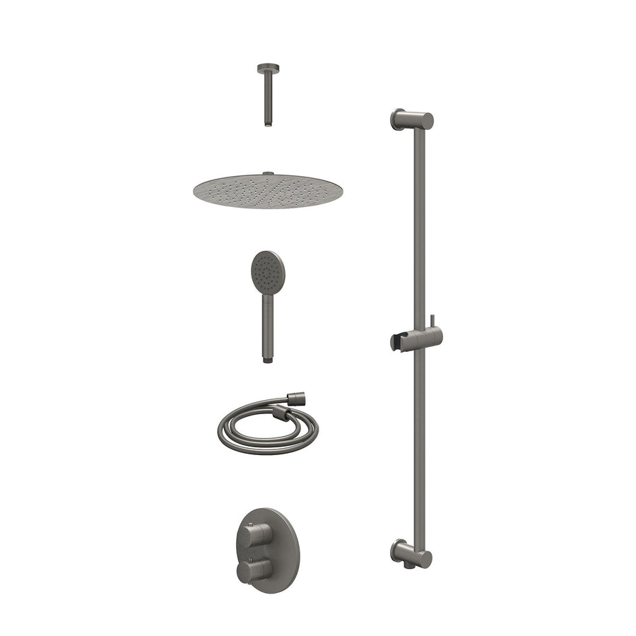 IVY Excl. inbouwbox regendoucheset inbouwthermostaatkraan met 2-weg stop-omstel, plafondbuis 15cm, R30cmSL, glijstang met uitlaat, doucheslang 150cm en satin spray handdouche – Geb