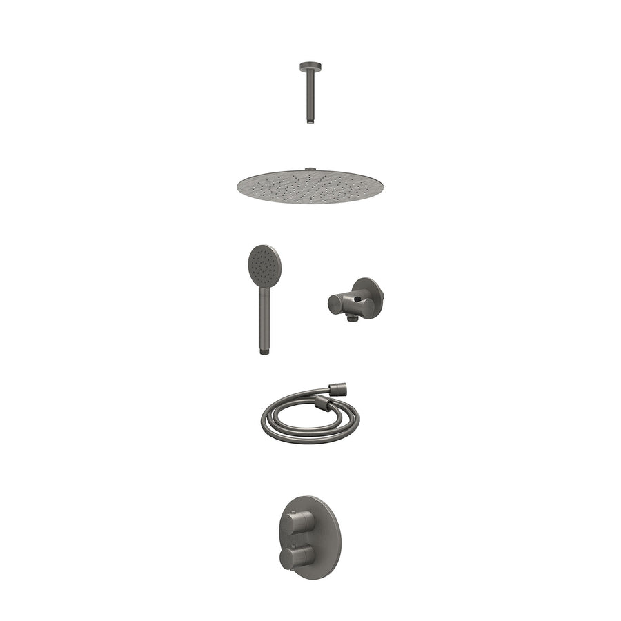 IVY Excl. inbouwbox regendoucheset inbouwthermostaatkraan met 2-weg stop-omstel, plafondbuis 15cm, R30cmSL, verstelbare steun met geïnt. uitlaat, doucheslang 150cm en satin spray h