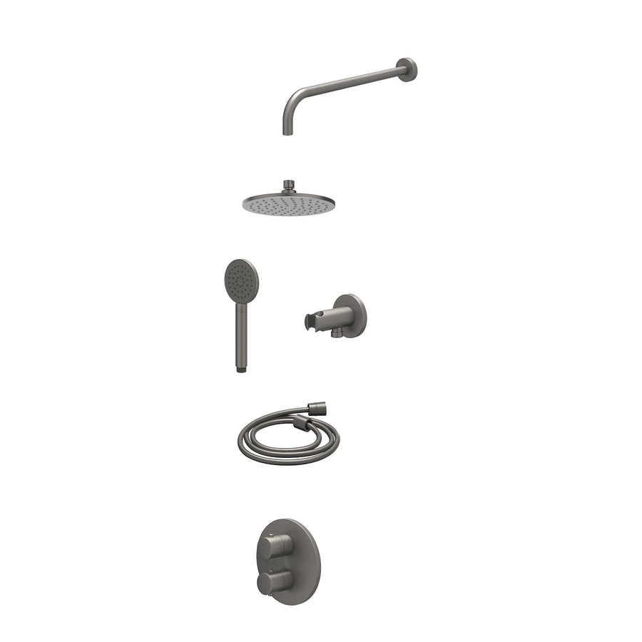 IVY Excl. inbouwbox regendoucheset inbouwthermostaatkraan met 2-weg stop-omstel, wandarm, R20cmME, houder met uitlaat, doucheslang 150cm en satin spray handdouche – Gebr. metal bla