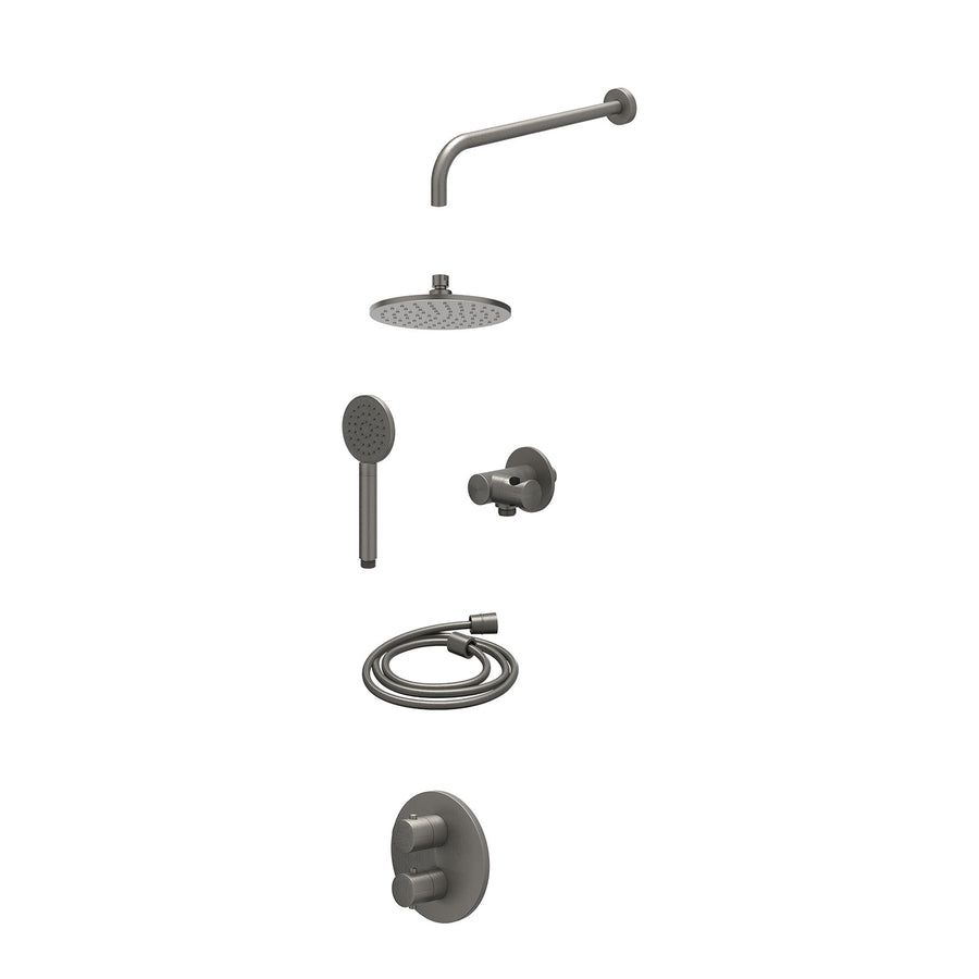 IVY Excl. inbouwbox regendoucheset inbouwthermostaatkraan met 2-weg stop-omstel, wandarm, R20cmME, verstelbare steun met geïnt. uitlaat, doucheslang 150cm en satin spray handdouche