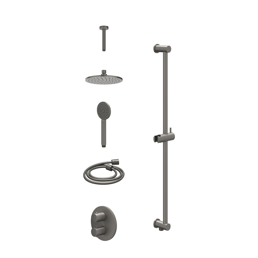 IVY Excl. inbouwbox regendoucheset inbouwthermostaatkraan met 2-weg stop-omstel, plafondbuis 15cm, R20cmME, glijstang met uitlaat, doucheslang 150cm en satin spray handdouche – Geb