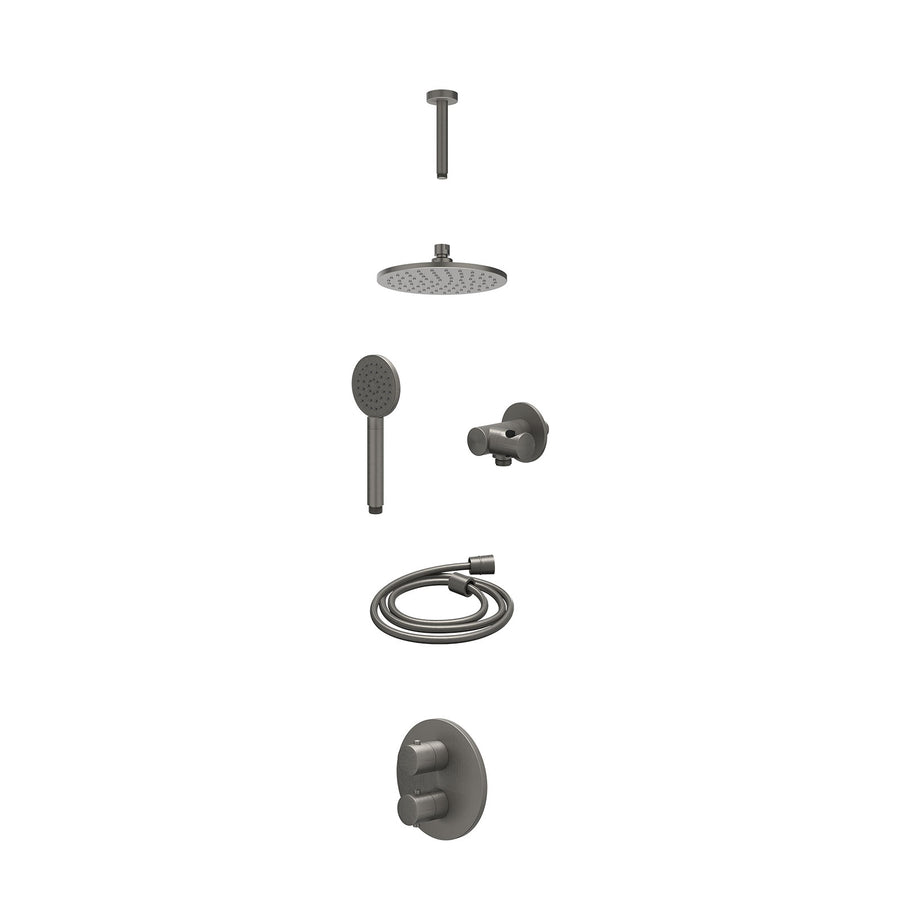 IVY Excl. inbouwbox regendoucheset inbouwthermostaatkraan met 2-weg stop-omstel, plafondbuis 15cm, R20cmME, verstelbare steun met geïnt. uitlaat, doucheslang 150cm en satin spray h