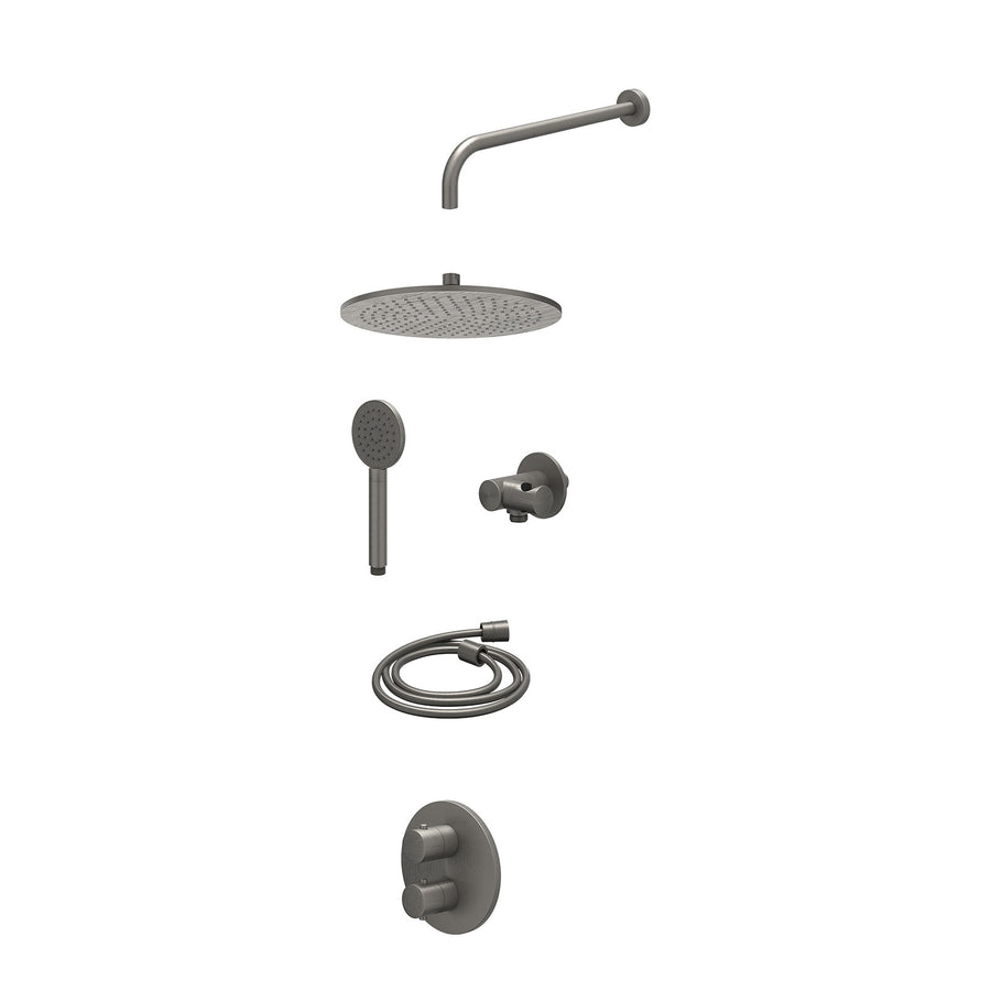 IVY Excl. inbouwbox regendoucheset inbouwthermostaatkraan met 2-weg stop-omstel, wandarm, R30cmME, verstelbare steun met geïnt. uitlaat, doucheslang 150cm en satin spray handdouche