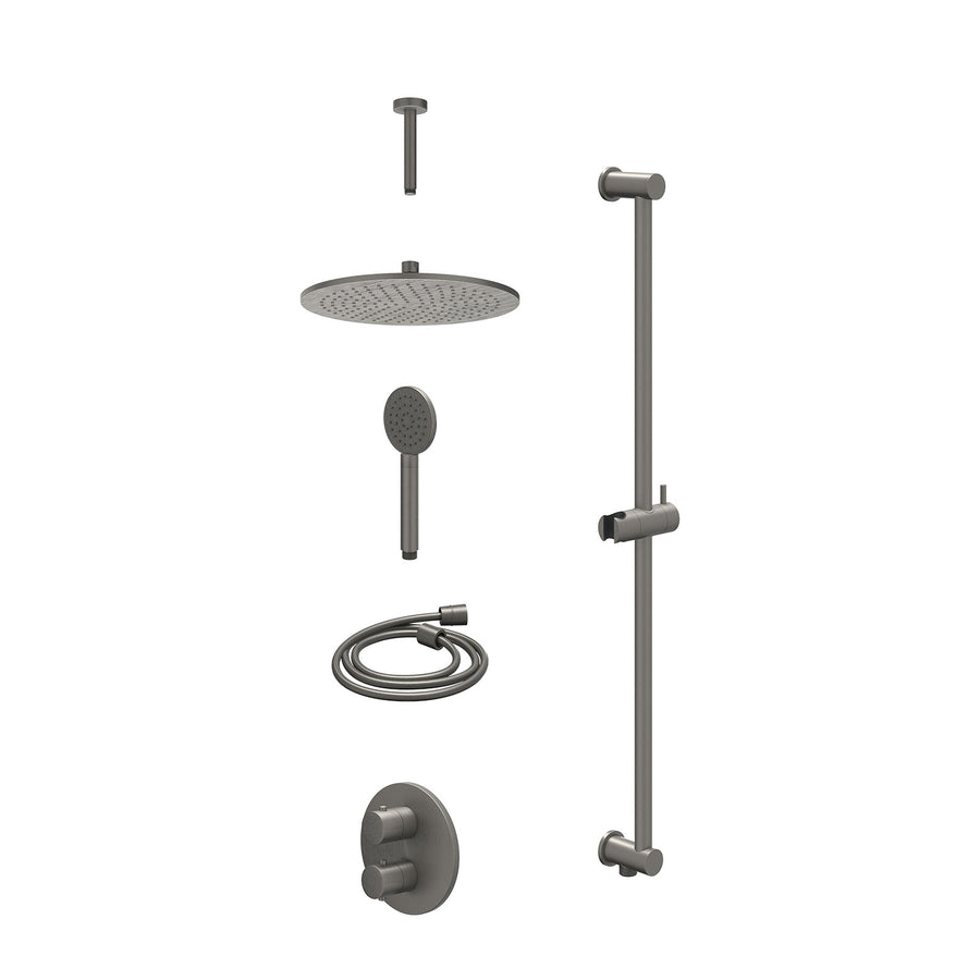 IVY Excl. inbouwbox regendoucheset inbouwthermostaatkraan met 2-weg stop-omstel, plafondbuis 15cm, R30cmME, glijstang met uitlaat, doucheslang 150cm en satin spray handdouche – Geb