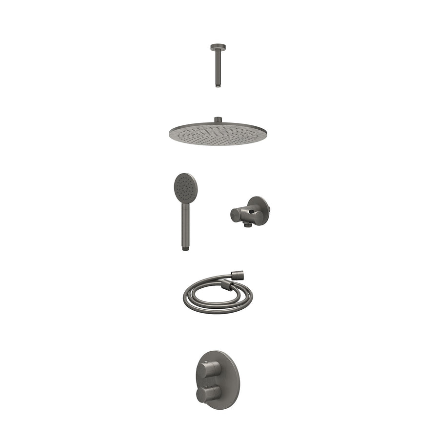IVY Excl. inbouwbox regendoucheset inbouwthermostaatkraan met 2-weg stop-omstel, plafondbuis 15cm, R30cmME, verstelbare steun met geïnt. uitlaat, doucheslang 150cm en satin spray h