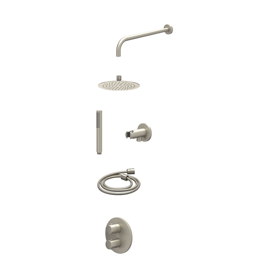 IVY Excl. inbouwbox regendoucheset inbouwthermostaatkraan met 2-weg stop-omstel, wandarm, R20cmSL, houder met uitlaat, doucheslang 150cm en staafmodel – Gebr. nickel PVD