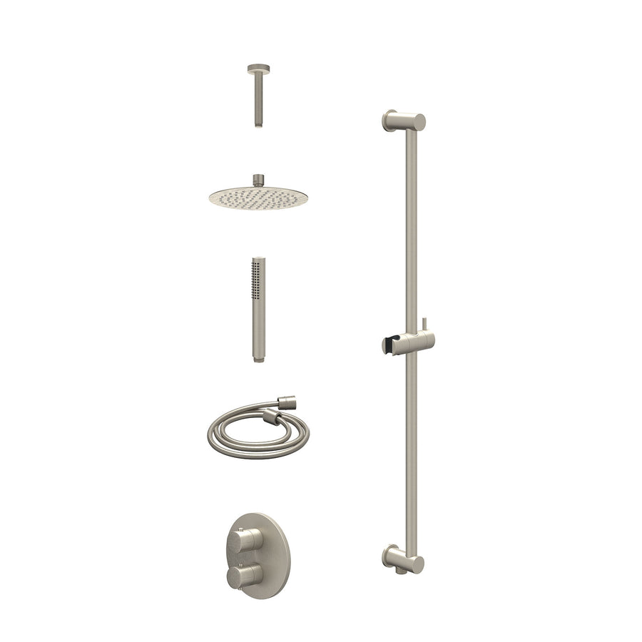 IVY Excl. inbouwbox regendoucheset inbouwthermostaatkraan met 2-weg stop-omstel, plafondbuis 15cm, R20cmSL, glijstang met uitlaat, doucheslang 150cm en staafmodel – Gebr. nickel PV