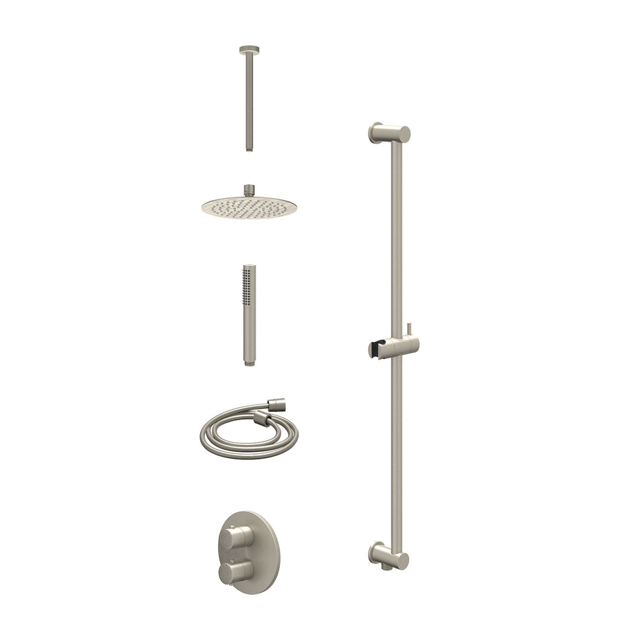 IVY Excl. inbouwbox regendoucheset inbouwthermostaatkraan met 2-weg stop-omstel, plafondbuis 30cm, R20cmSL, glijstang met uitlaat, doucheslang 150cm en staafmodel – Gebr. nickel PV