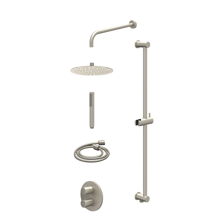 IVY Excl. inbouwbox regendoucheset inbouwthermostaatkraan met 2-weg stop-omstel, wandarm, R25cmSL, glijstang met uitlaat, doucheslang 150cm en staafmodel – Gebr. nickel PVD