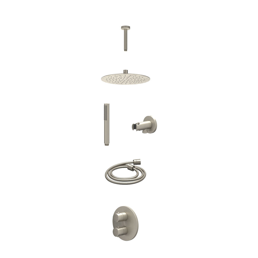 IVY Excl. inbouwbox regendoucheset inbouwthermostaatkraan met 2-weg stop-omstel, plafondbuis 15cm, R25cmSL, houder met uitlaat, doucheslang 150cm en staafmodel – Gebr. nickel PVD
