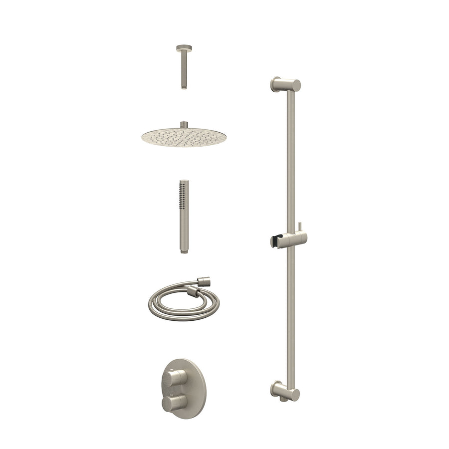 IVY Excl. inbouwbox regendoucheset inbouwthermostaatkraan met 2-weg stop-omstel, plafondbuis 15cm, R25cmSL, glijstang met uitlaat, doucheslang 150cm en staafmodel – Gebr. nickel PV